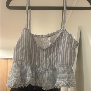 Free People Striped Blue Frayed Hem Women's Top
